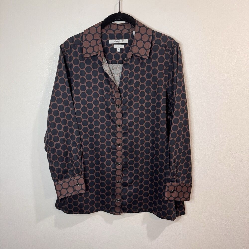Foxcroft Blouse Shirt 14 Button Front Black White Polka Dot Wrinkle Free Cotton